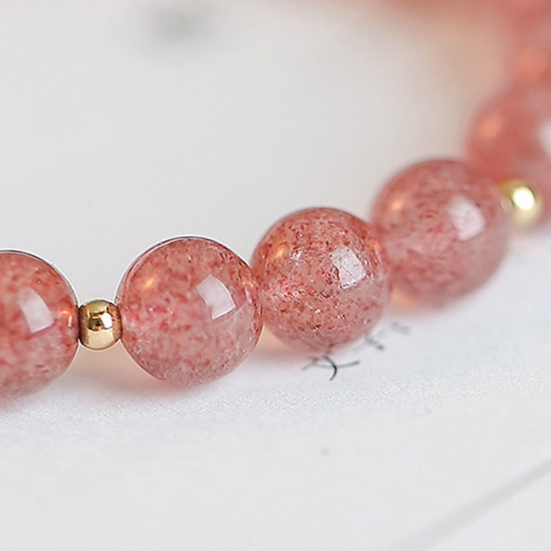 14K Gold Plated Strawberry Quartz Fu Character Healing Charm Bracelet