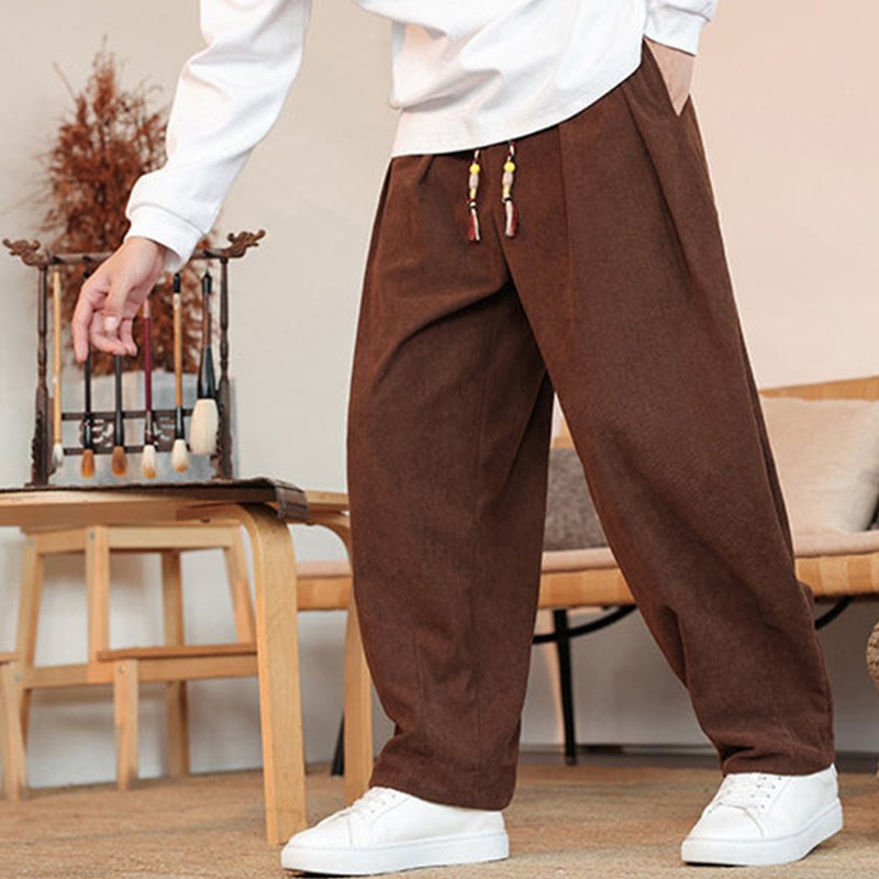 Fall Winter Men's Drawstring Corduroy Solid Pants With Pockets