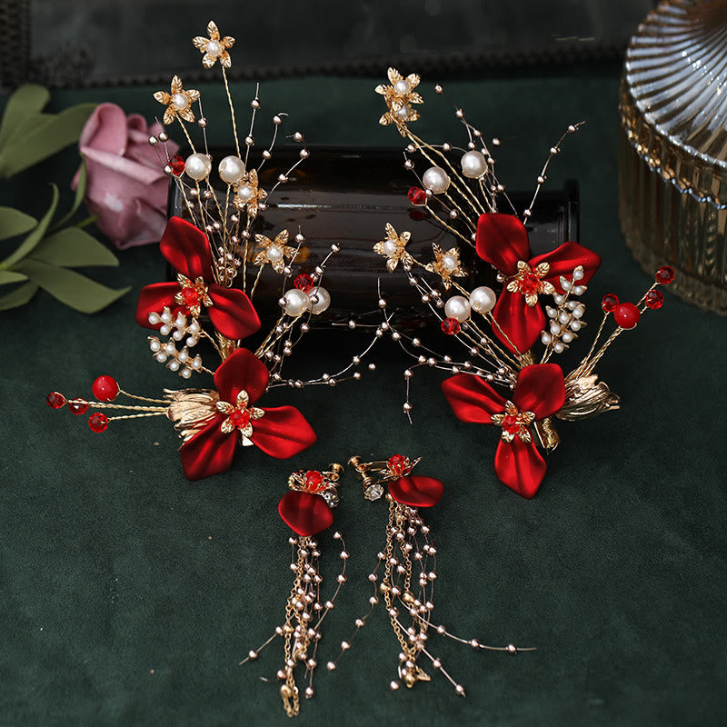 Chinese Wedding Bridal Red Flower Branche Pearl Hair Clip Set