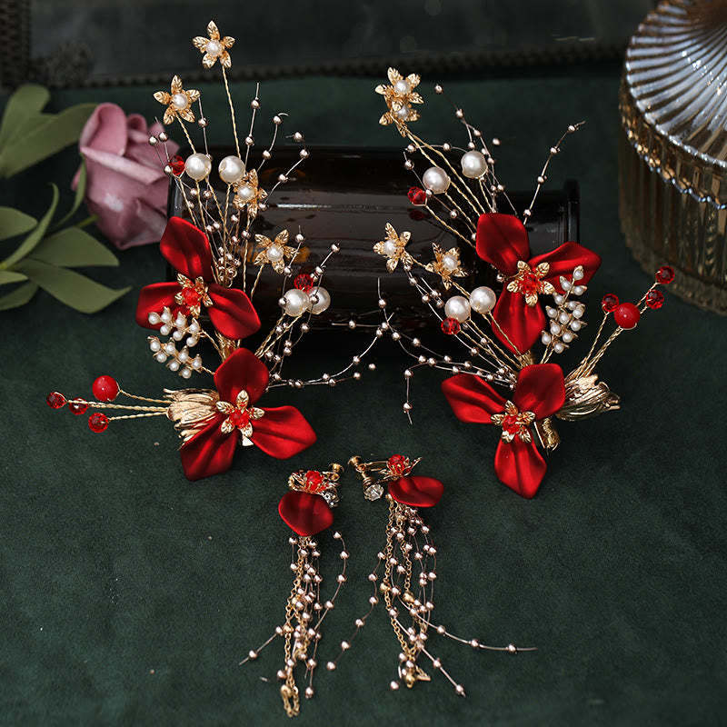 Chinese Wedding Bridal Red Flower Branche Pearl Hair Clip Set