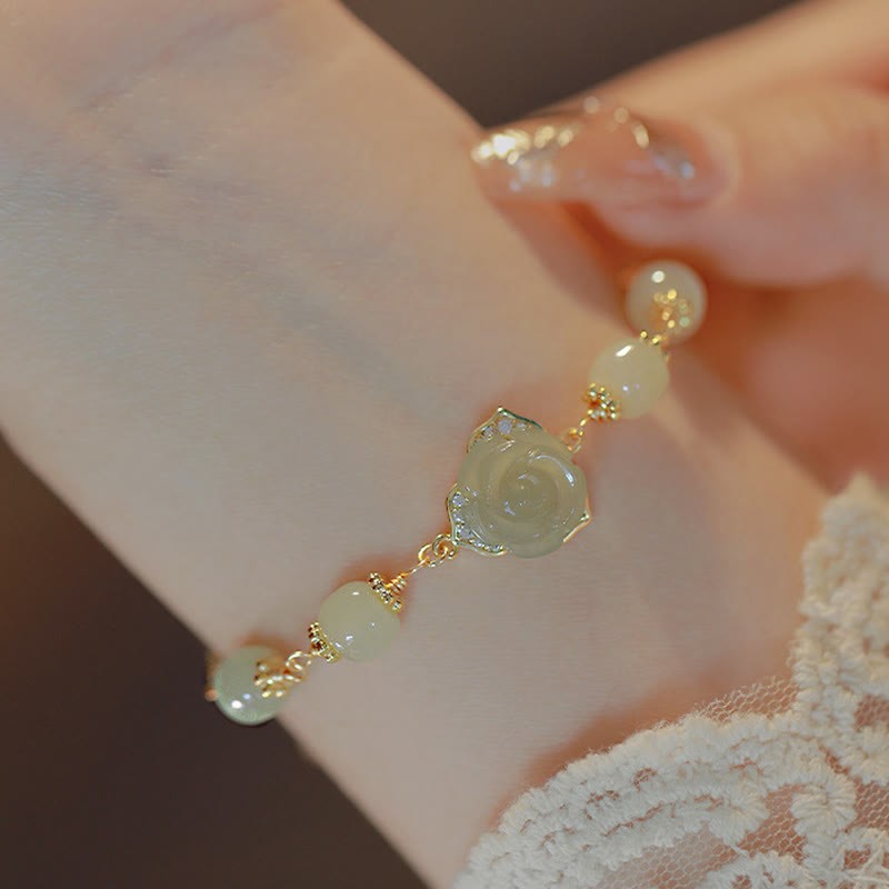 14K Gold Plated Hetian Jade Rose Flower Luck Chain Bracelet