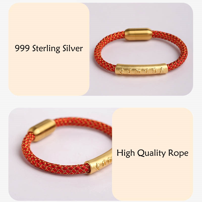 Handmade 999 Sterling Silver Om Mani Padme Hum Protection Dragon Scale Braided Magnetic Buckle Bracelet