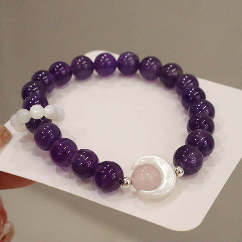 925 Sterling Silver Natural Amethyst Aquamarine Pink Crystal Cat's Eye Healing Crescent Moon Bracelet