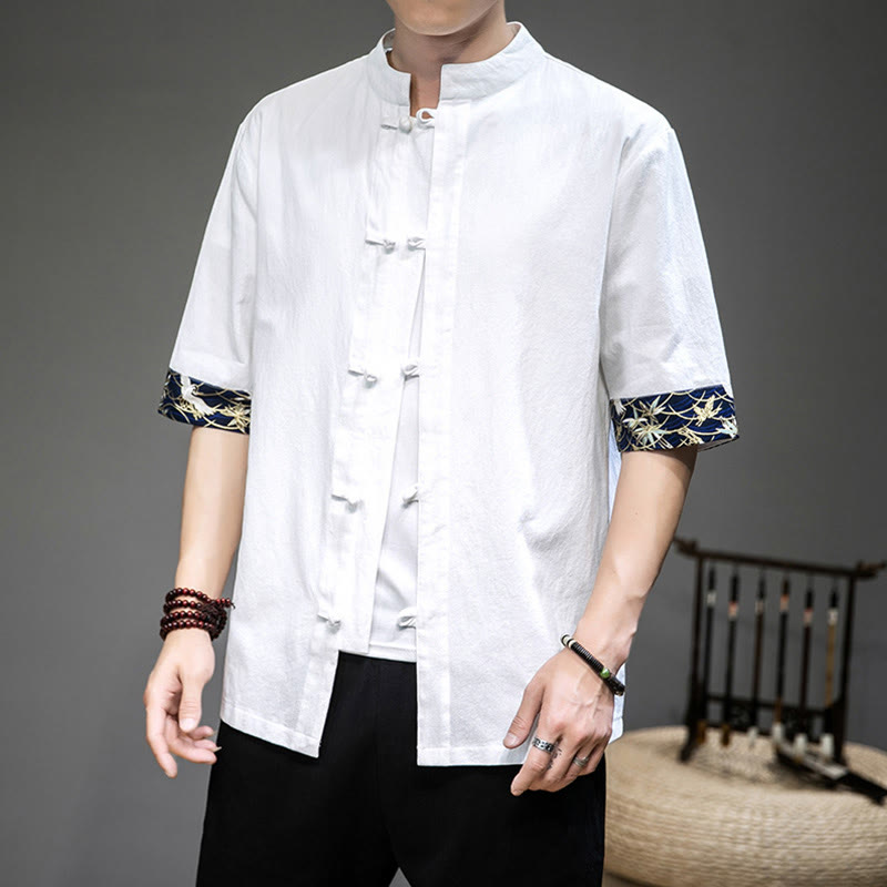 Frog-Button Chinese Tang Suit Half Sleeve Crane Shirt Jacket Linen Men Clothing