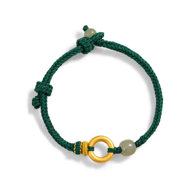 999 Sterling Silver Peace Buckle Hetian Jade Bead Luck Green Rope Braided Bracelet