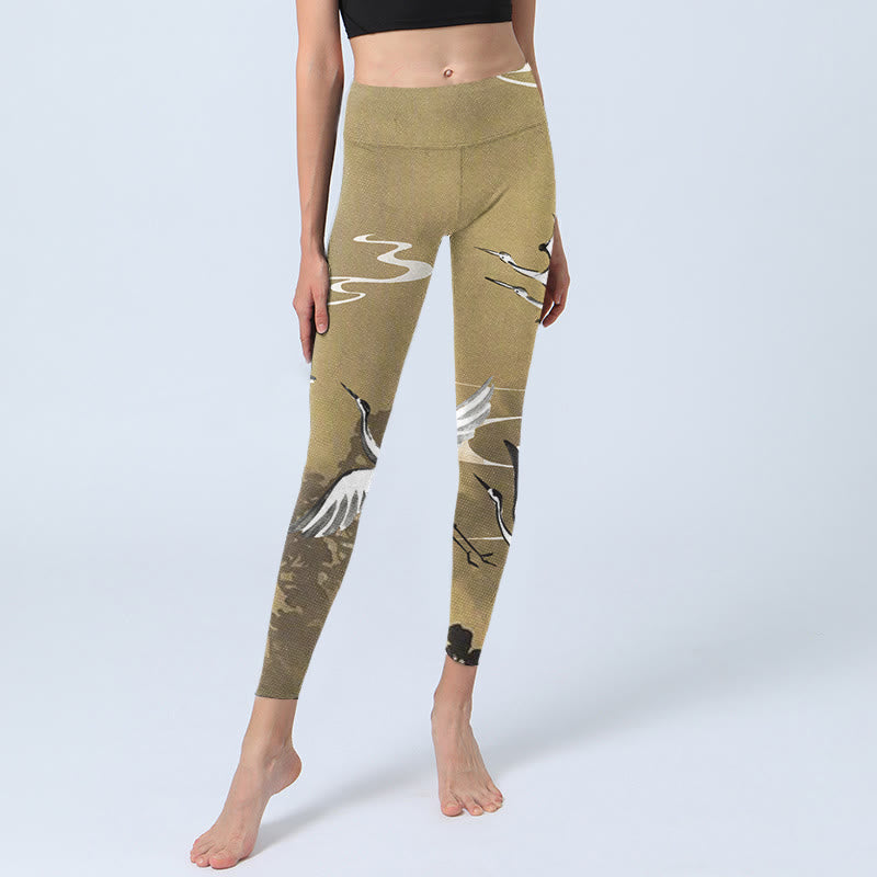 Trees Cloud Red-crowned Crane Pattern Print Gym Leggings Women's Yoga Pants
