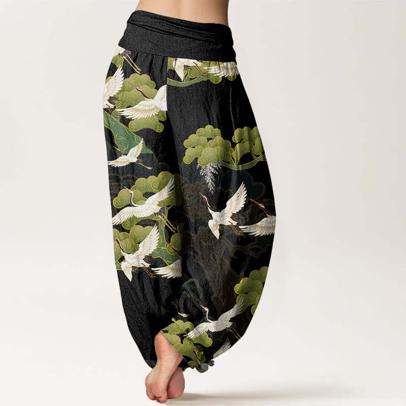 Crane Pine Tree Totem Pattern Women's Elastic Waist Harem Pants