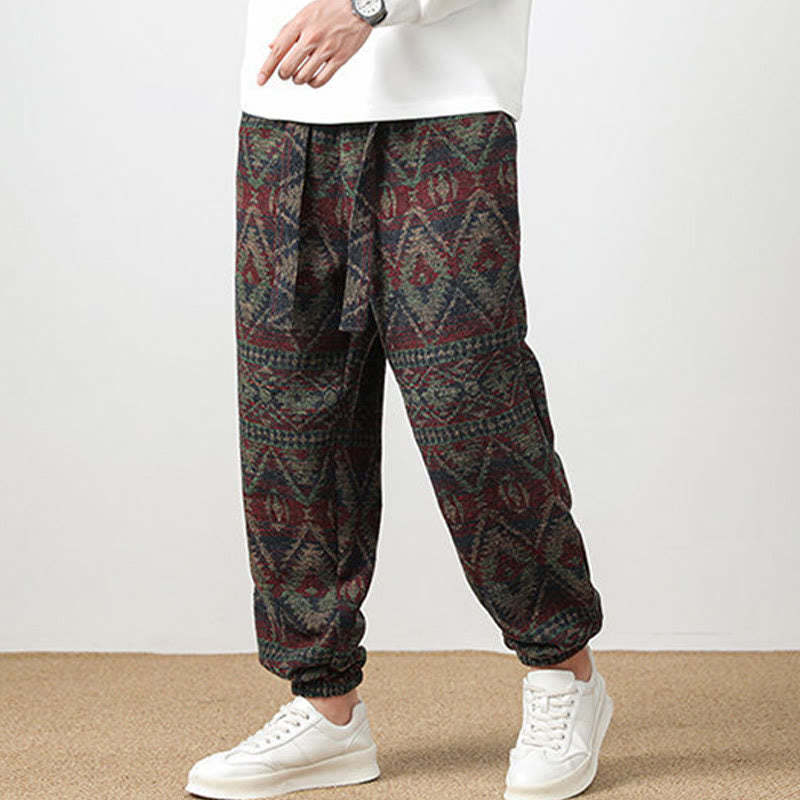 Ethnic Jacquard Knitting Drawstring Men's Pants With Pockets