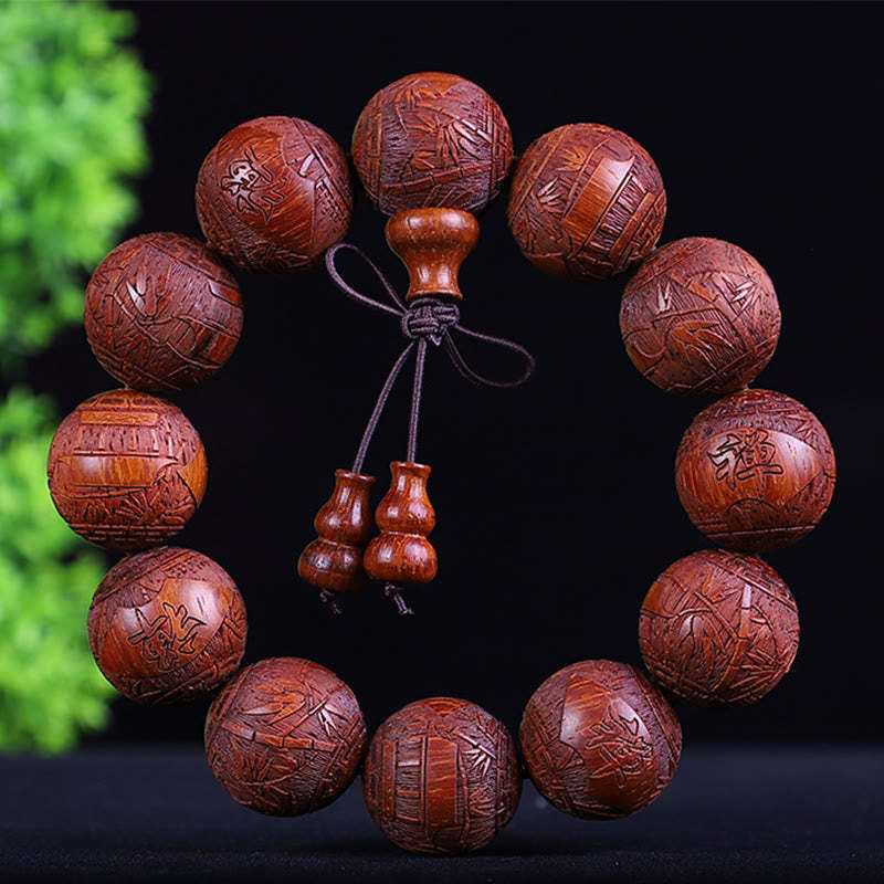 Chinese Zodiac Rosewood Ebony Boxwood Copper Coin PiXiu Carved Warmth Bracelet