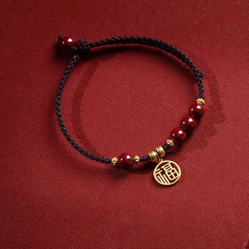 Cinnabar Bead Fu Character Charm Blessing Braided String Bracelet