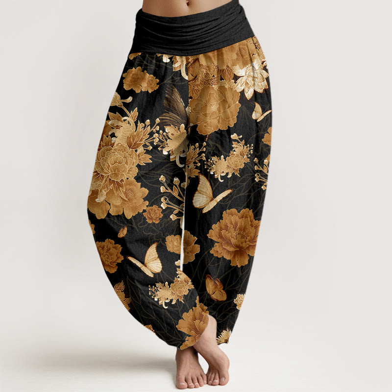 Peony Flowers Pattern Women's Elastic Waist Harem Pants