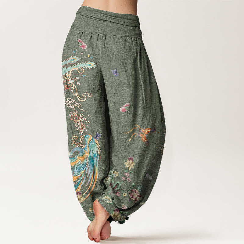 Casual Colorful Phoenix Butterfly Floral Pattern Women's Elastic Waist Harem Pants