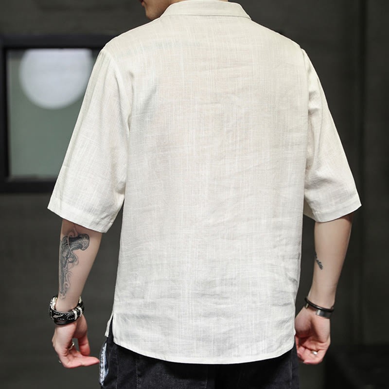 Frog-Button Phoenix Embroidery Chinese Tang Suit Short Sleeve Shirt Cotton Linen Men Clothing