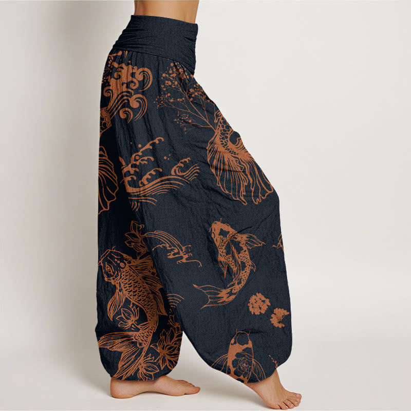 Koi Fish Waves Lotus Flowers Design Women's Elastic Waist Harem Pants