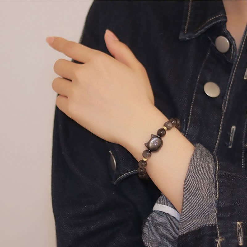Gold Sheen Obsidian Silver Sheen Obsidian Lovely Paw Lucky Cat Protection Bracelet