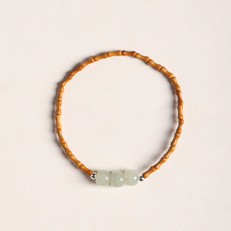 Natural Olive Pit Bamboo Pattern Hetian Jade Beads Luck Bracelet