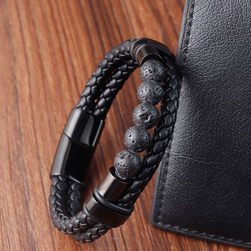 Lava Rock Frosted Stone Healing Leather Magnetic Buckle Bracelet