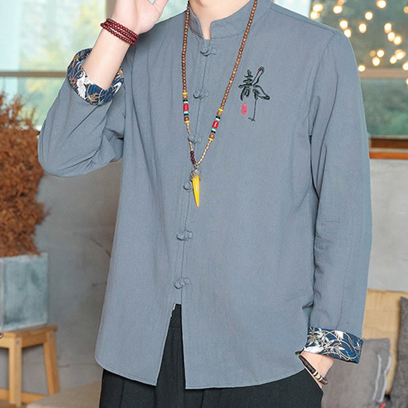 Fall Solid Long Sleeve Frog-Button Shirt Linen Men Zen Clothing