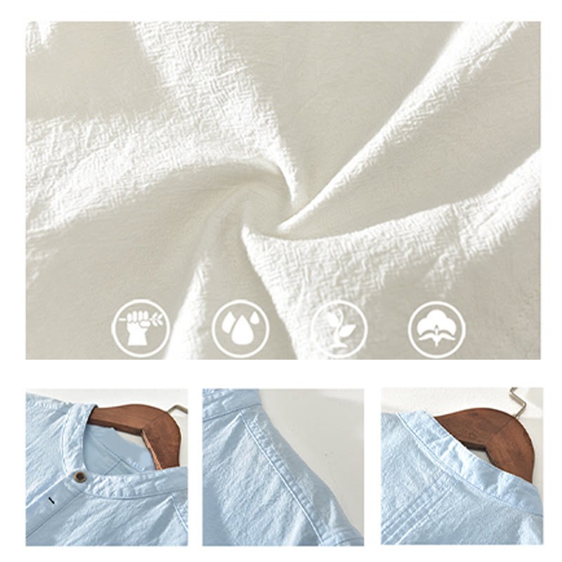 Solid Color Short Sleeve Half Button Shirt Cotton Linen Men Clothing