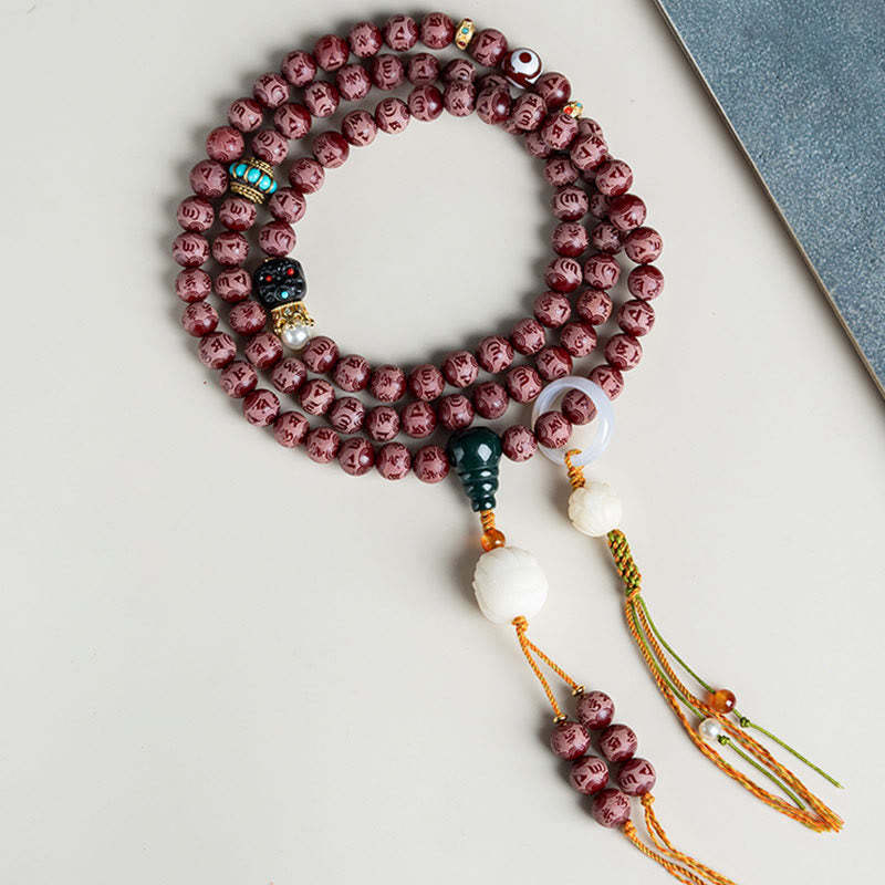 Red Bodhi Seed Om Mani Padme Hum Lotus Engraved Harmony Bracelet