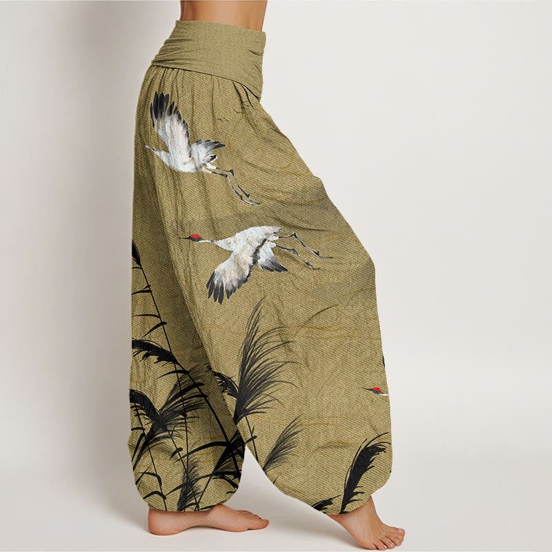 Flying Crane Auspicious Clouds Wild Grasses Mountain Pattern Women's Elastic Waist Harem Pants