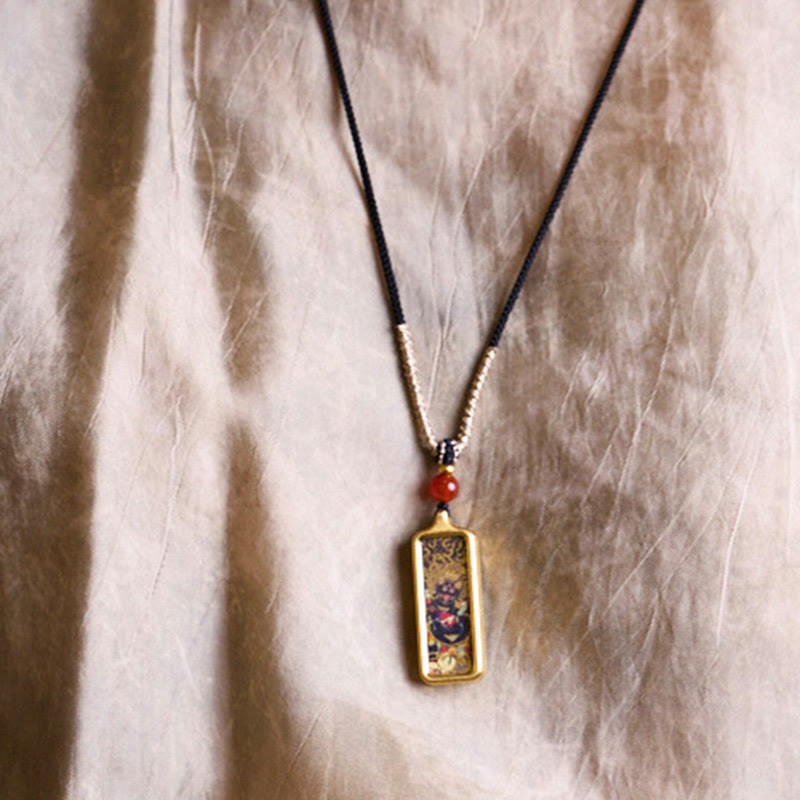 Tibet Zakiram Yellow God of Wealth Nine-Tailed Fox Hand-Painted Thangka Calm Necklace Pendant
