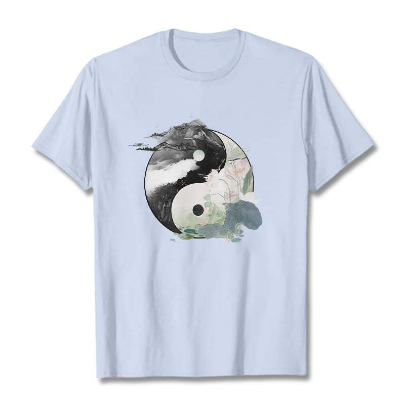 Yin Yang Lotus Leaf Ink Painting Cotton Tee T-shirt