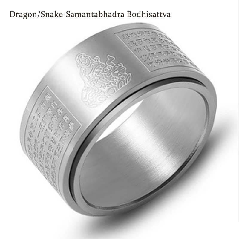 Chinese Zodiac Natal mystic zen Heart Sutra Carved Titanium Steel Calm Rotatable Ring