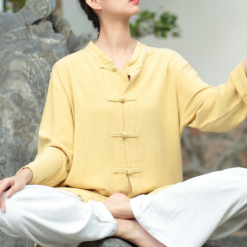 Solid Color Frog-button Long Sleeve Cotton Linen Women's Shirts With Pockets