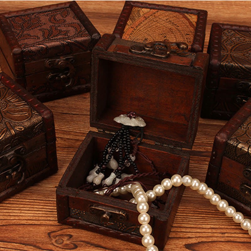 Retro Small Square Wood Jewelry Box Lotus Grass Flower Grape Copper Coin Daffodil Jewelry Storage Box