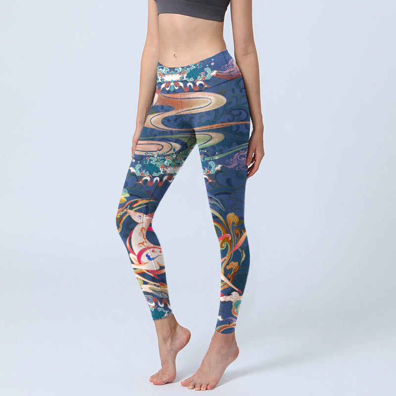 Deer Auspicious Clouds Lotus Gym Leggings Women's Yoga Pants