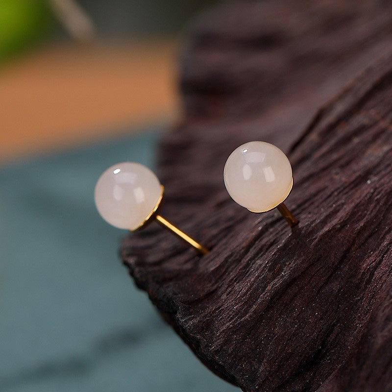 925 Sterling Silver Round White Jade Blessing Stud Earrings