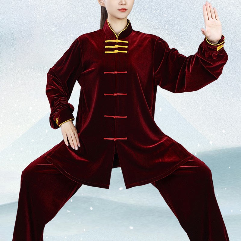 2Pcs Fall Winter Tai Chi Qigong Practice Unisex Frog-Button Meditation Velour Clothing Set