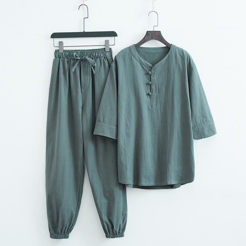 Solid Color Traditional Cotton Linen Short Sleeve T-shirt Pants Clothing Men's Set