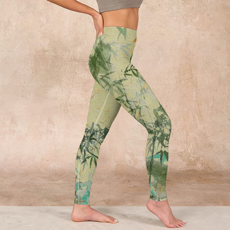 Bamboo Print Lycra Fabric Fitness Leggings Women's Yoga Pants