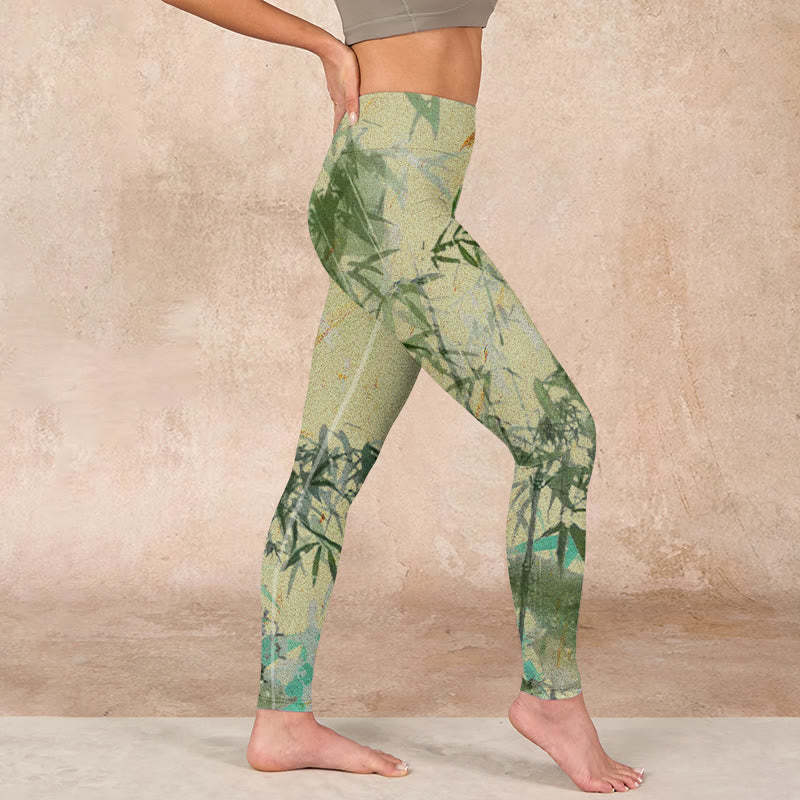 Bamboo Print Lycra Fabric Fitness Leggings Women's Yoga Pants