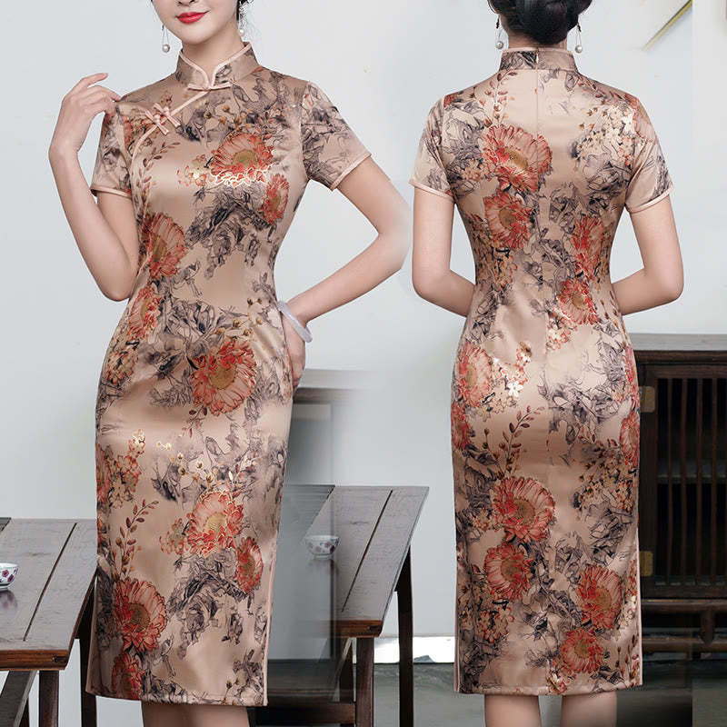 Retro Flower Lotus Peony Feather Print Qipao Dress Women's Cheongsam Dress