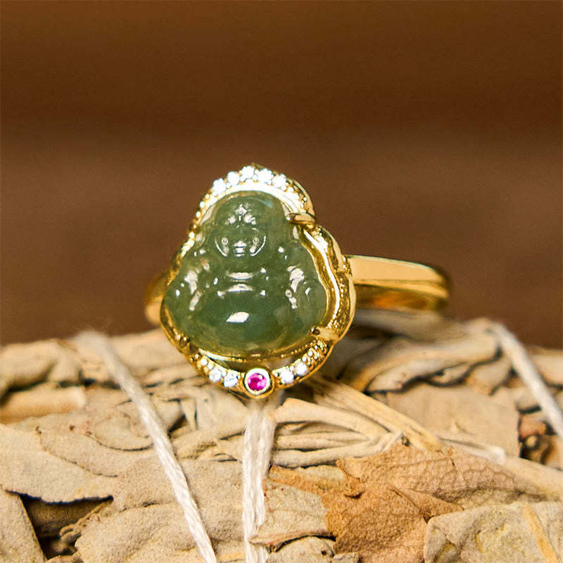 Natural Hetian Jade Egg Gourd Copper Laughing mystic zen Open Luck Ring