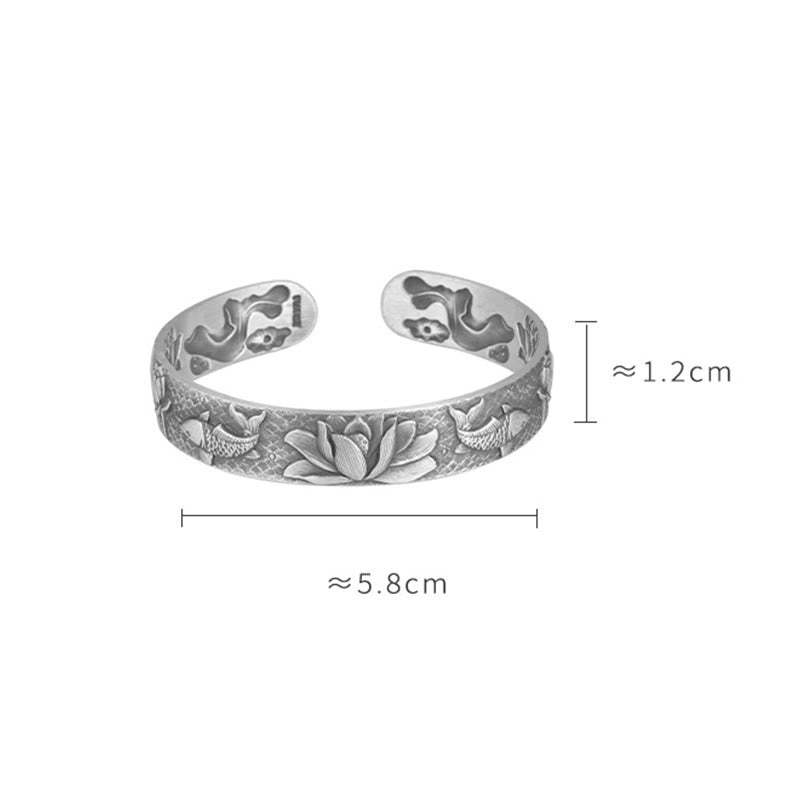 999 Sterling Silver Luck Koi Fish Lotus Wealth Bracelet Bangle