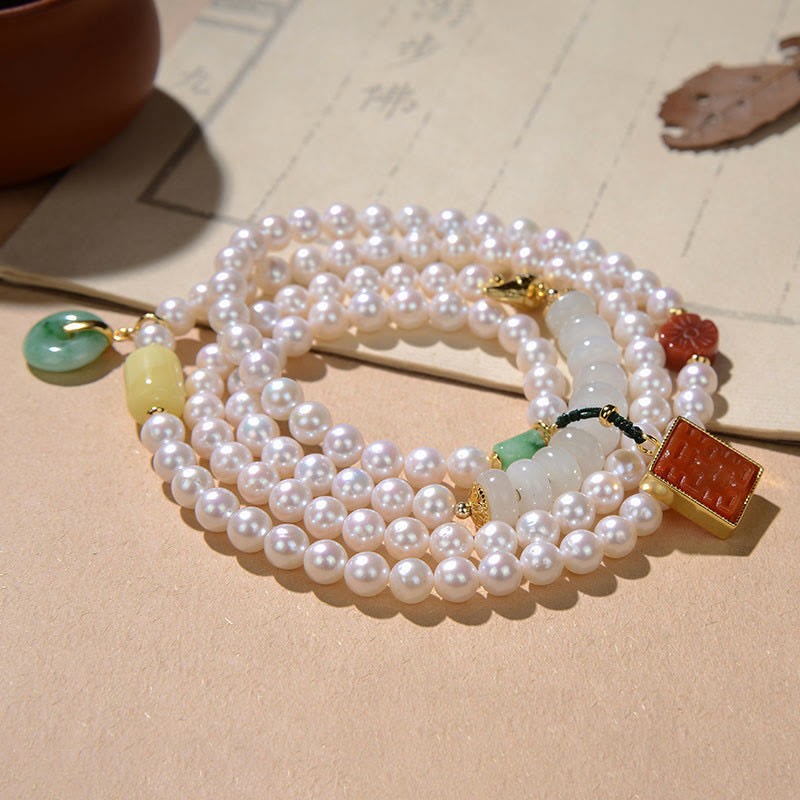 925 Sterling Silver Pearl Hetian Jade Red Agate Double Happiness Amber Luck Quadruple Wrap Bracelet