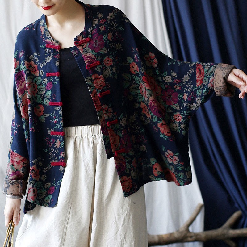 Red Flowers Green Leaves Print Frog-button Design Long Sleeve Cotton Linen Jacket Shirt