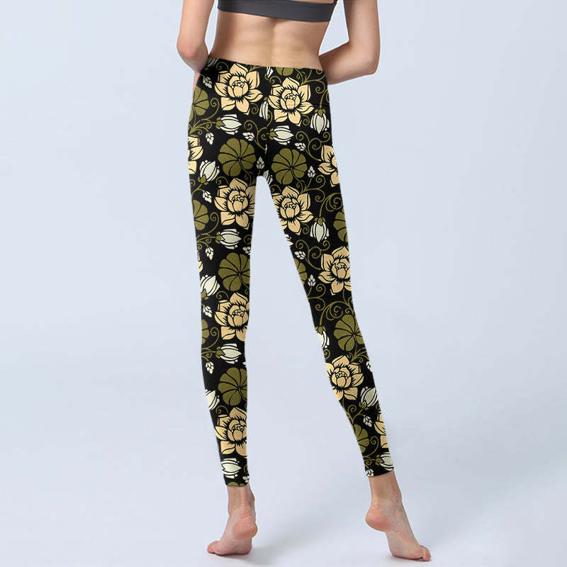 Yellow Flowers Green Leaves Print Gym Fitness Leggings Women's Yoga Pants