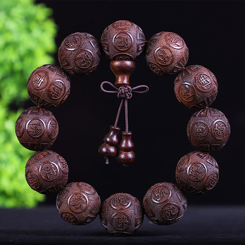 Chinese Zodiac Rosewood Ebony Boxwood Copper Coin PiXiu Carved Warmth Bracelet