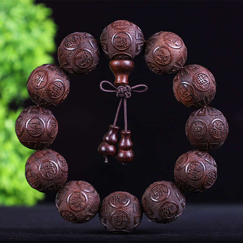 Chinese Zodiac Rosewood Ebony Boxwood Copper Coin PiXiu Carved Warmth Bracelet
