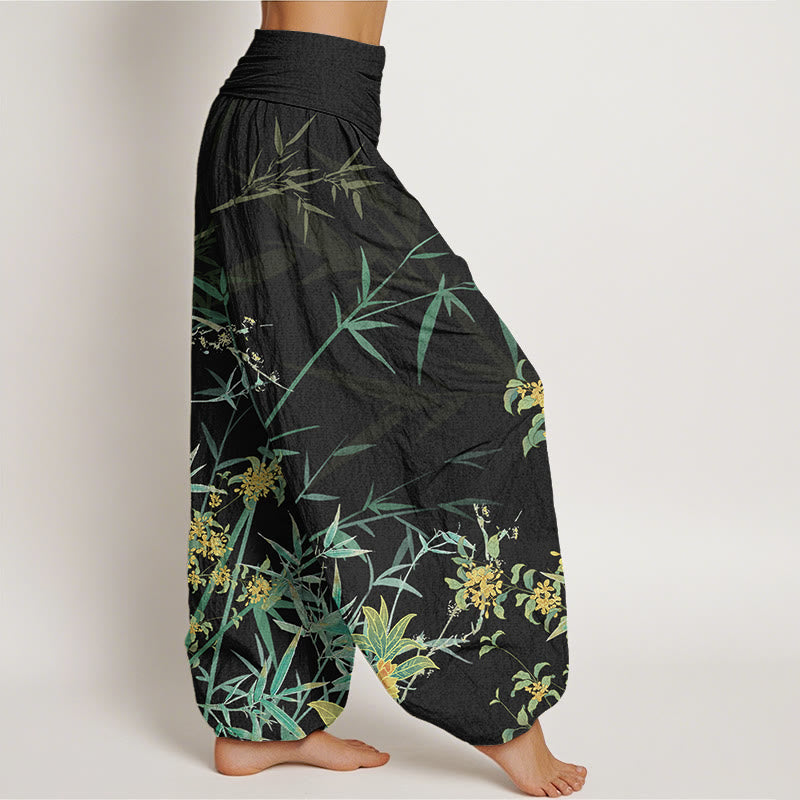Blooming Flowers Bamboo?Pattern Women's Elastic Waist Harem Pants