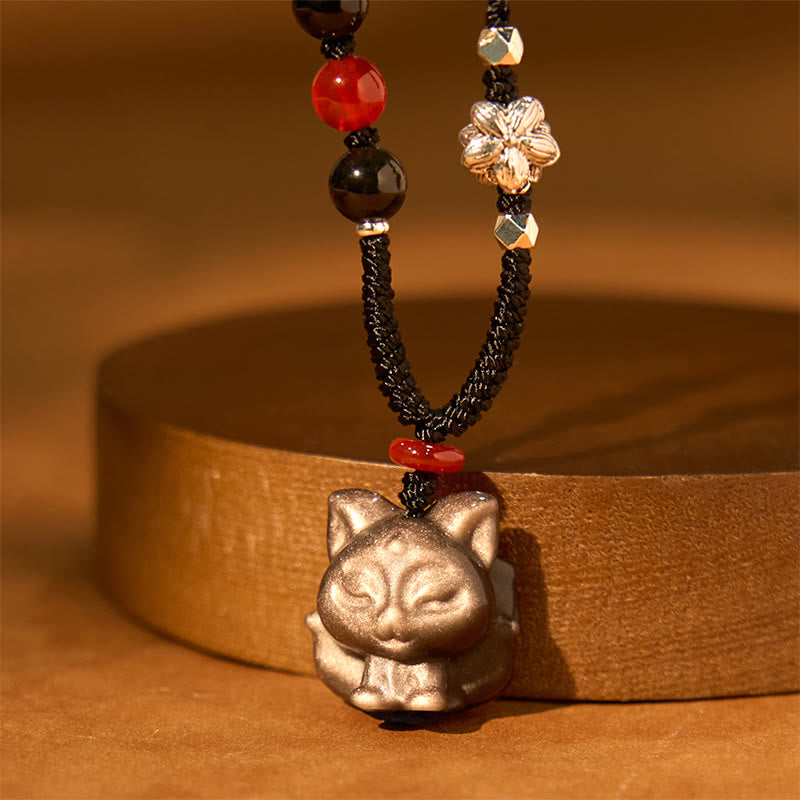 Natural Silver Sheen Obsidian Nine Tailed Fox Protection Necklace Pendant