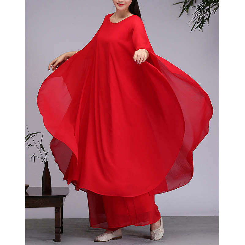 Simple Pattern Midi Dress Wide Leg Pants Meditation Spiritual Zen Practice Yoga Dance Clothing
