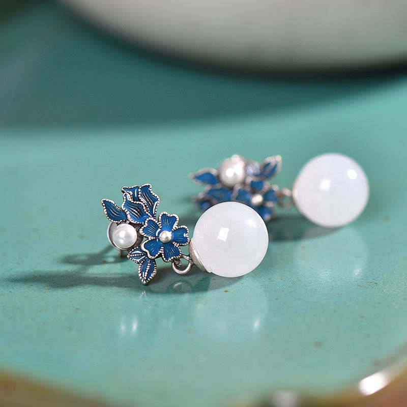 White Jade 925 Sterling Silver Pearl Flower Blessing Necklace Pendant Ring Earrings