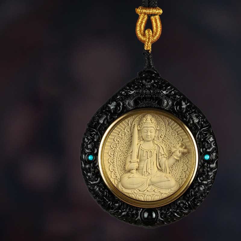 Chinese Zodiac Avalokitesvara Small Leaf Red Sandalwood Ebony Longevity Necklace Pendant