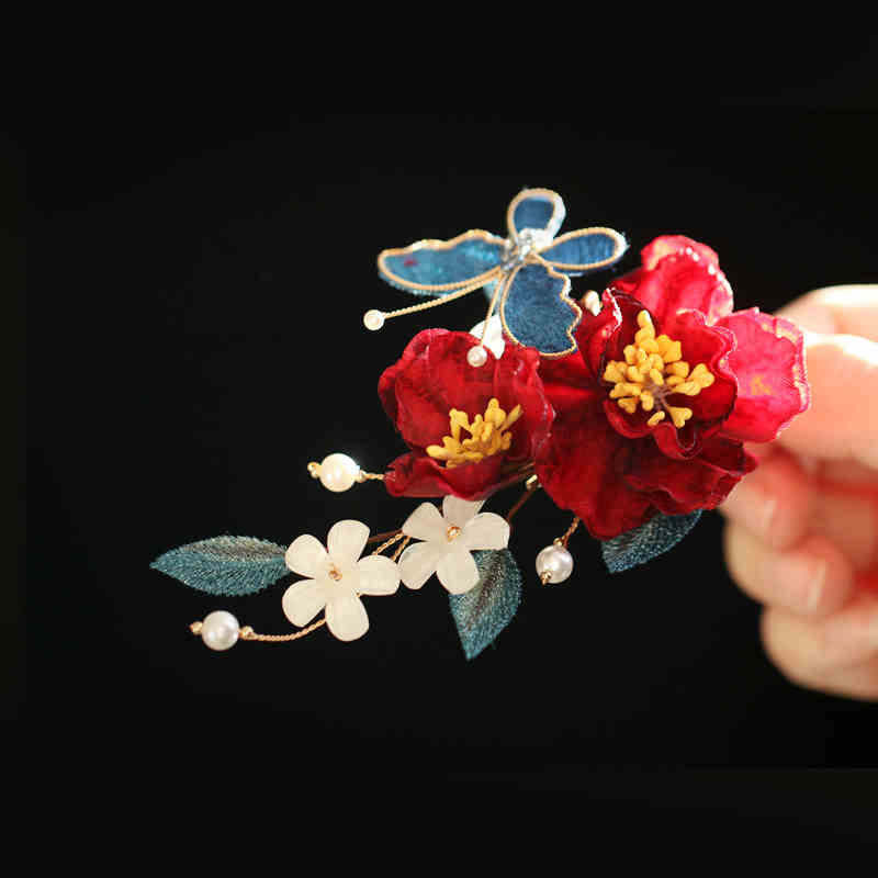 Chinese Style Red Camellia Butterfly Hair Clip Hair Comb Hairpin Barrette Accessory